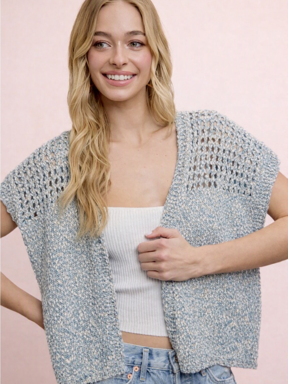 Mystree Open-Weave Short Sleeve Cardigan Sweater - Light Blue